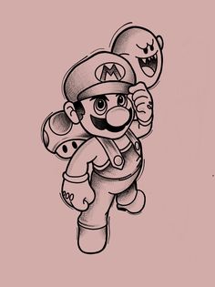 an ink drawing of mario running with his arms in the air and holding a nintendo game controller