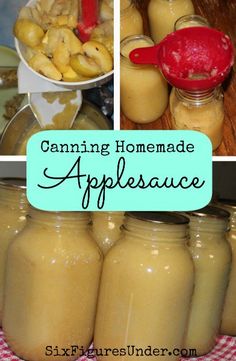 there are many different types of apples in jars and on the table, with text overlay that says canning homemade apple sauce