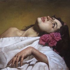 a painting of a woman laying down with roses in her hair and hands on her chest