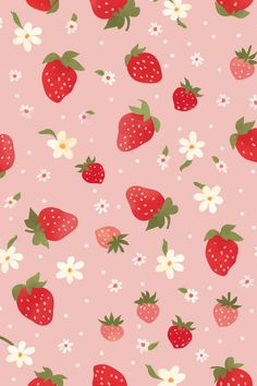 a pink background with strawberries and daisies