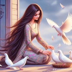 a woman sitting on the ground surrounded by white birds and doves flying around her