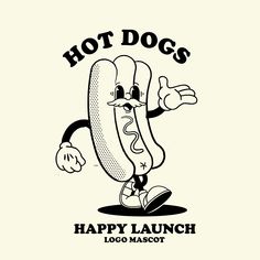 a hot dog logo with the words happy launch and a cartoon character holding it's hand