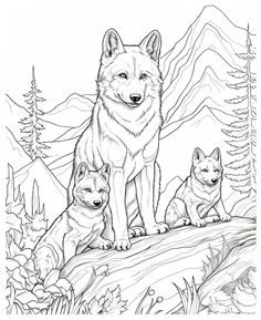 an adult wolf and two puppies sitting on top of a mountain with mountains in the background