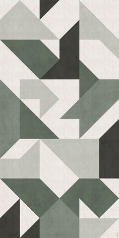 an abstract geometric design with black, white and green colors on the wall in front of it