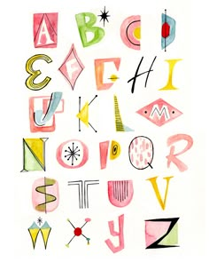 the letters and numbers are drawn in watercolor on paper with colored pencils, which appear to be hand - lettered