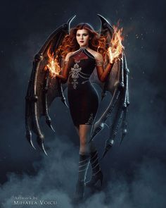 a woman dressed as a demon with flames in her hands and wings, standing on a dark background