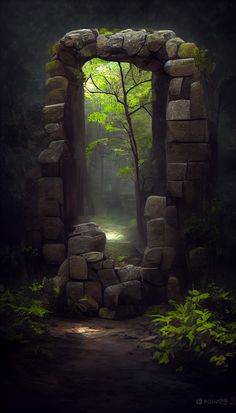 an arch in the middle of a forest filled with rocks