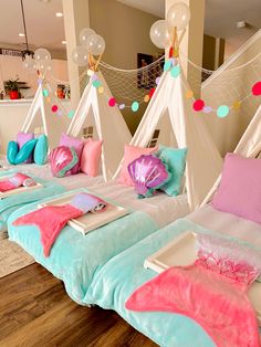 Sleepover Tent Glamping Small Business Mermaid Birthday Party Ideas in Charleston SC Birthday Bed, Glamping Business, Birthday Party Rentals, Mermaid Birthday Party Ideas