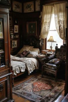 an old fashioned bedroom with antique furniture and decor