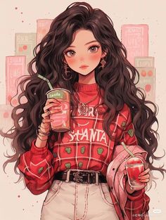 a girl with long hair holding a drink in her hand and wearing a red sweater