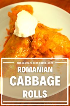 a close up of a plate of food with the words roman cabbage rolls on it