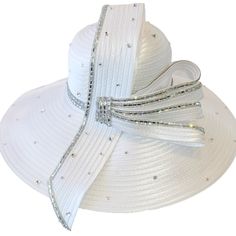 Introducing Our Exquisite Designer Couture Satin Ribbon Hat, Perfect For Church, Weddings, Or Any Special Occasion. With A Rounded Crown And A 6-Inch Down-Turned Brim, It's A True Showstopper. Adorned With A Stunning Satin Ribbon Bow And Rows Of Crystal Rhinestones, It Exudes Elegance. The Crown And Brim Are Embellished With Loose Crystal Stones. Available In Lavender, White, Champagne, Royal, Or Emerald. Features An Adjustable Sweatband For A Comfortable Fit. Elegant Rhinestone Hat For Spring, Elegant Summer Hats With Rhinestones, Elegant Wide Brim Hat With Rhinestones, Elegant Summer Bridal Accessories, White Rhinestone Hat With Curved Brim, White Hats With Rhinestones And Curved Brim, Fitted Elegant Bridal Accessories For Summer, Elegant Fitted Bridal Accessories For Summer, Elegant Fitted Summer Bridal Accessories