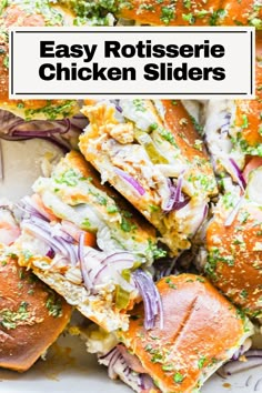 chicken sliders with coleslaw, onions and cheese on them in a white platter