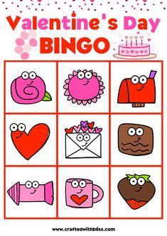 valentine's day bingo game for kids with hearts, flowers and cupcakes