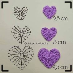 three crocheted hearts are shown with measurements