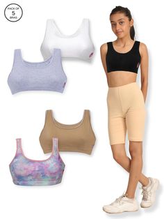 Set of 5- 1 Lavender Tie & Dye Print & 4 Basic Colors Beginners Bras F – D'chica Lavender Tie, Yoga Training, Seamless Bra