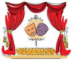 a drawing of two masks on stage with red curtains