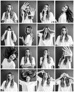 black and white photo collage of woman's hair in various poses with hands on her head