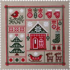 a cross stitch pattern with christmas decorations and trees on the front, in red and green