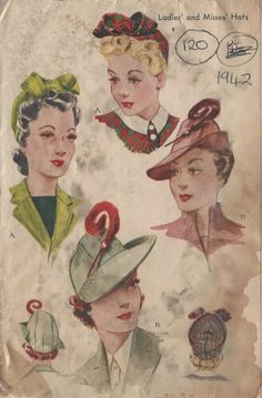 1942 Vintage Sewing Pattern HAT S22" (120) | eBay 1950s Hats, 1940s Hats, Vintage Vogue Sewing Patterns, Patron Vintage, Vintage Millinery, Retro Mode, Couture Vintage, Women's Hats, Old Fashion