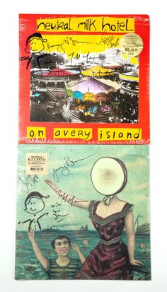 two pictures with words on them that say, natural milk hotel and on avery island