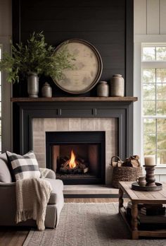 a living room filled with furniture and a fire place in the middle of the room