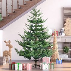 a christmas tree with presents under it in front of a staircase and decorated trees on the floor