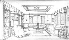 a drawing of a living room with couches and chairs