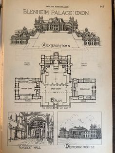 an old book with some drawings on the front and back pages showing different architectural styles