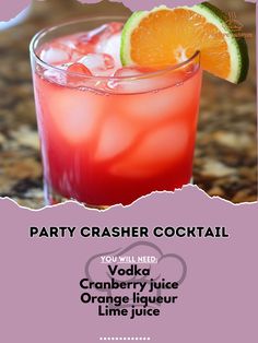 a pink cocktail with an orange slice on the rim and text party crasher cocktail