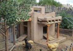 chickens are standing in the dirt near an outdoor chicken coop with a brick oven on it's roof