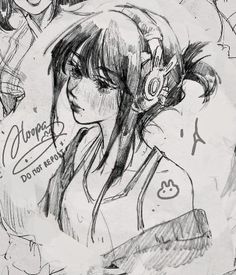 an anime character with headphones and other characters around her, all in black and white