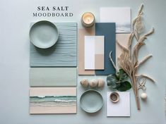 the sea salt mood board is laid out on a table