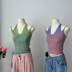 These double-layered Y2K knit halter tops, one in lavender and the other in sage green, are essential for crafting that nostalgic Y2K outfit. Their vibrant colors and distinctive design make for a perfect throwback style statement Free Size:Bust: 60cm/ 23.6 in, Length: 25cm/ 18.5 inMaterial: Polyester Halter Tops Outfit, Y2k Knit, Outfit Korean, Dream Outfits, French Girl Style, Soft Girl Aesthetic, Y2k Outfits, Halter Tops, Green Outfit