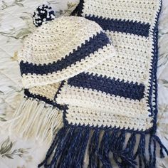 Handcrafted Hat And Scarf Set Crocheted By Me. Handmade White Yarn Hat, Hat And Scarf Set, Hat And Scarf Sets, Hat And Scarf, Scarf Set, Blue White, Crochet Patterns, Color Blue, Blue And White