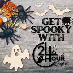 a wooden sign that says get spooky with halloween decorations