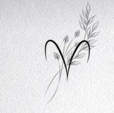 the letter v is made up of leaves and flowers on a white paper background with black ink