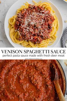 spaghetti sauce in a white bowl and on a plate with a wooden spoon next to it