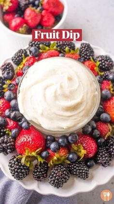 a white plate topped with berries and whipped cream next to two bowls of strawberries