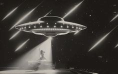 a black and white photo of a woman in front of a flying saucer with lights