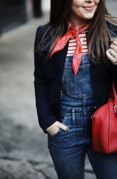 overall friday. how to style overalls. outfit inspiration. stripes and a military jacket. Overalls Fashion, Style Overalls, Overall Outfit, Overalls Outfit, Red Bag, Causual Outfits, Style Crush, Comfortable Dress, Red Shoes