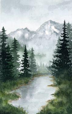 a watercolor painting of a mountain lake surrounded by pine trees and mountains in the background