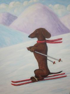 a painting of a dog on skis in the snow