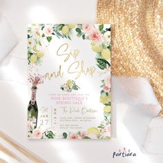 a wedding card with flowers on it and the words sip and shop written in gold