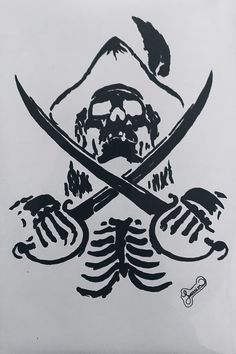 a black and white drawing of a pirate skull with two crossed swords in the foreground