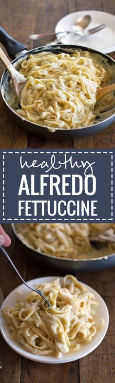 two pans filled with alfredo fettuccine on top of a wooden table