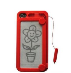 an orange case with a flower drawn on it next to a cell phone and pen