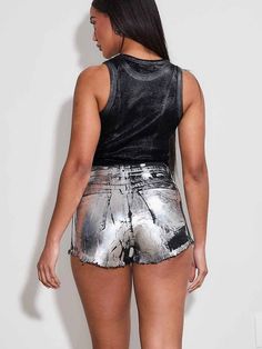 🔥 Hot and delicious! Stylish trending shorts perfect for the summer. Featuring a silver metallic finish on black shorts. A summer must have for those who want to stand out from the crowd. Trending Shorts, Metallic Shorts, Sweater Blazer, Romper Dress, Clutch Handbag, Stand Out From The Crowd, Black Shorts, Resort Wear, Short Outfits