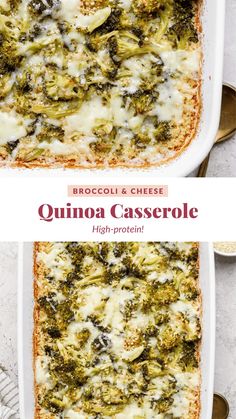 broccoli and cheese quinoa casserole in a white baking dish