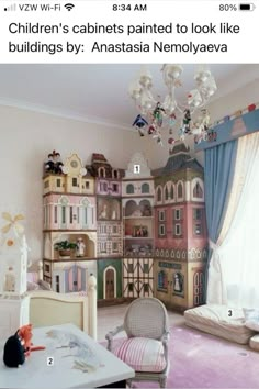 a child's room is decorated in pastel colors